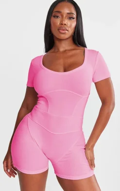 Shape Bright Pink Rib Seam Detail Short Sleeve Unitard