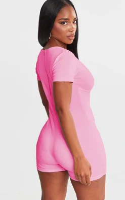 Shape Bright Pink Rib Seam Detail Short Sleeve Unitard