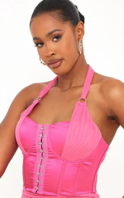 Shape Bright Pink Satin Hook And Eye Ruched Bodycon Dress