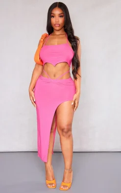 Shape Bright Pink Slinky Tie Waist Asymmetric Midi Skirt