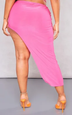 Shape Bright Pink Slinky Tie Waist Asymmetric Midi Skirt