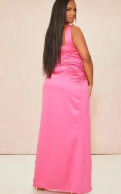 Shape Bright Pink Structured Satin Split Detail Maxi Dress