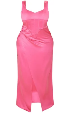 Shape Bright Pink Structured Satin Split Detail Maxi Dress
