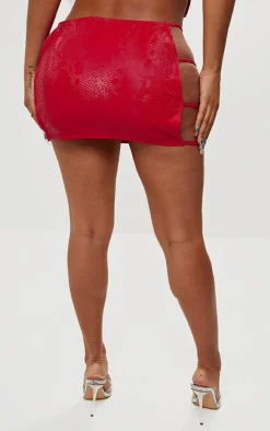 Shape Bright Red Faux Leather Croc Printed Cut Out Mini Skirt