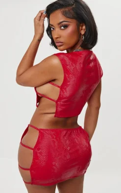 Shape Bright Red Faux Leather Croc Printed Cut Out Top