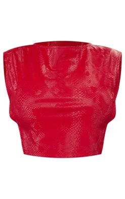 Shape Bright Red Faux Leather Croc Printed Cut Out Top