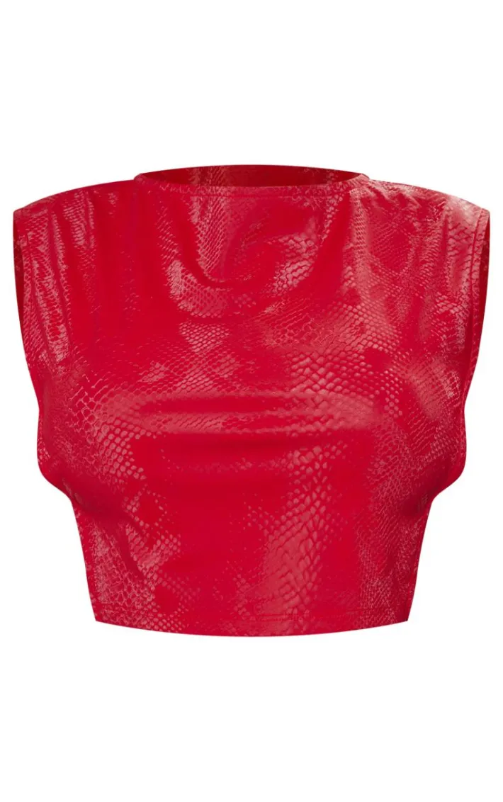 Shape Bright Red Faux Leather Croc Printed Cut Out Top