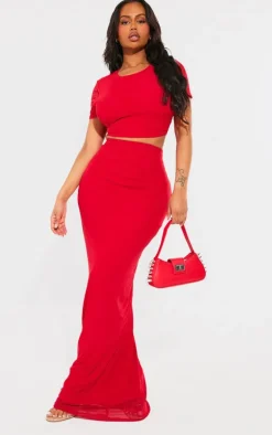 Shape Bright Red Mesh Printed Detail Maxi Skirt