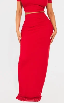 Shape Bright Red Mesh Printed Detail Maxi Skirt