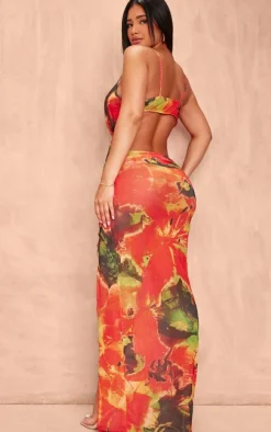 Shape Bright Red Mesh Ruched Side Maxi Dress