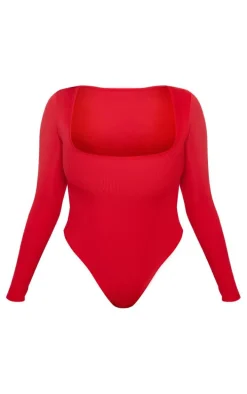 Shape Bright Red Rib Long Sleeve Square Neck Bodysuit