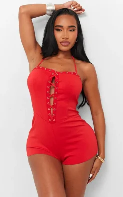 Shape Bright Red Woven Lace Up Unitard