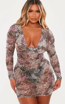 Shape Brown Animal Printed Mesh Sheer Cowl Neck Long Sleeve Bodycon