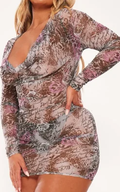 Shape Brown Animal Printed Mesh Sheer Cowl Neck Long Sleeve Bodycon