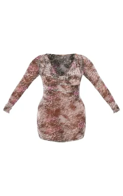 Shape Brown Animal Printed Mesh Sheer Cowl Neck Long Sleeve Bodycon