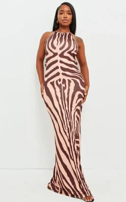 Shape Brown Body Print Slinky Halterneck Ruched Bum Maxi Dress