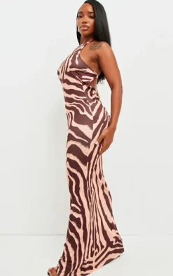 Shape Brown Body Print Slinky Halterneck Ruched Bum Maxi Dress