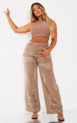 Shape Brown Denim Washed Ripped Wide Leg Jeans