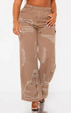 Shape Brown Denim Washed Ripped Wide Leg Jeans