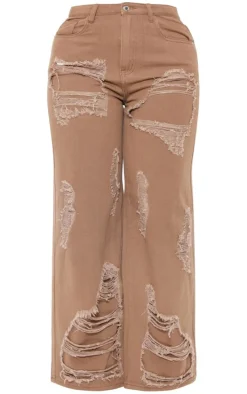 Shape Brown Denim Washed Ripped Wide Leg Jeans