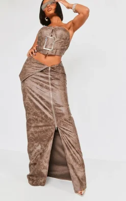 Shape Brown Faux Leather Washed Effect Bandeau Buckle Detail Corset