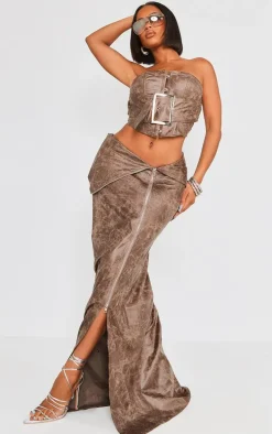 Shape Brown Faux Leather Washed Effect Fold Over Zip Detail Maxi Skirt