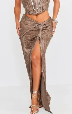 Shape Brown Faux Leather Washed Effect Fold Over Zip Detail Maxi Skirt
