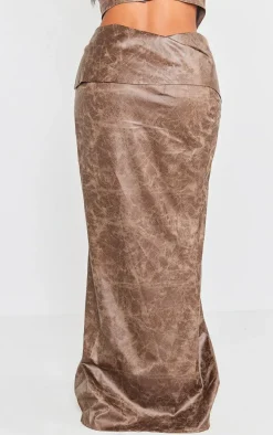 Shape Brown Faux Leather Washed Effect Fold Over Zip Detail Maxi Skirt