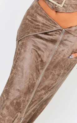 Shape Brown Faux Leather Washed Effect Fold Over Zip Detail Maxi Skirt