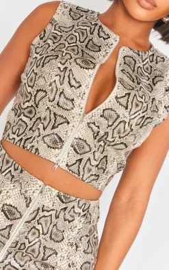 Shape Brown Faux Leather Snake Print Zip Front Top