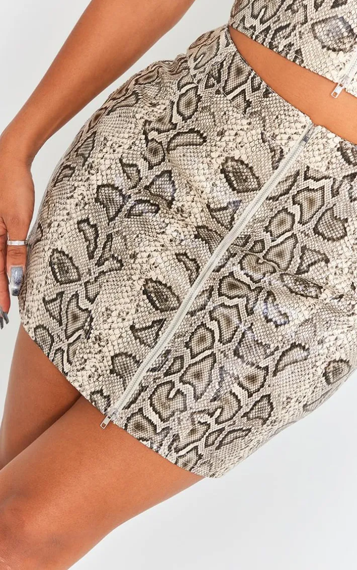 Shape Brown Faux Leather Snake Print Zip Front Mini Skirt
