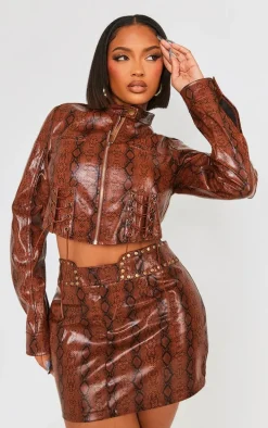 Shape Brown Faux Leather Snake Print Cropped Jacket