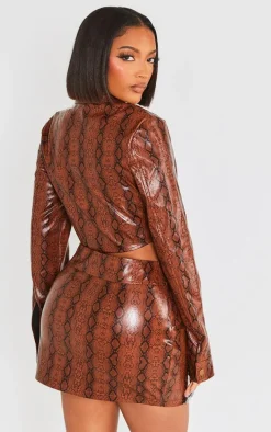 Shape Brown Faux Leather Snake Print Cropped Jacket