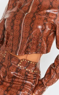 Shape Brown Faux Leather Snake Print Cropped Jacket