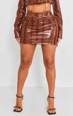 Shape Brown Faux Leather Snake Print Mini Skirt
