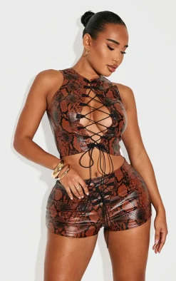 Shape Brown Faux Leather Snake Print Lace Up Top