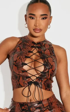Shape Brown Faux Leather Snake Print Lace Up Top