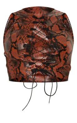 Shape Brown Faux Leather Snake Print Lace Up Top