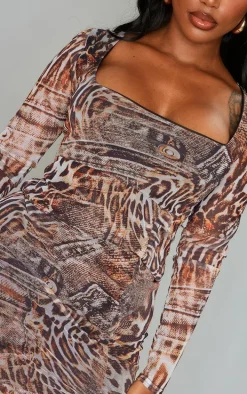 Shape Brown Leopard Denim Print Mesh Long Sleeve Frill Hem Bodycon Dress