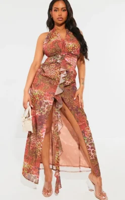 Shape Brown Leopard Printed Woven Plunge Frill Maxi Dress