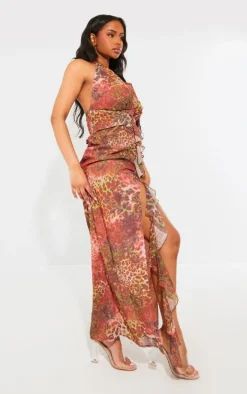Shape Brown Leopard Printed Woven Plunge Frill Maxi Dress