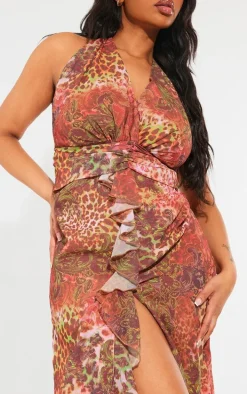 Shape Brown Leopard Printed Woven Plunge Frill Maxi Dress