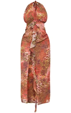 Shape Brown Leopard Printed Woven Plunge Frill Maxi Dress