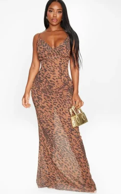 Shape Brown Leopard Print Strappy Cowl Neck Maxi Dress