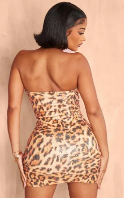 Shape Brown Leopard Print Sequin Bandeau Bodycon Dress