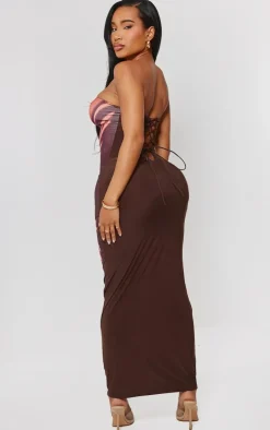 Shape Brown Printed Bandeau Lace Up Back Maxi Dress