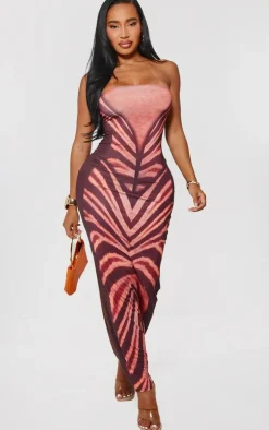 Shape Brown Printed Bandeau Lace Up Back Maxi Dress
