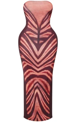 Shape Brown Printed Bandeau Lace Up Back Maxi Dress
