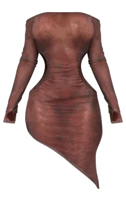 Shape Brown Printed Cut Out Asymmetric Hem Mini Dress