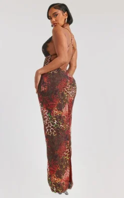 Shape Brown Printed Woven Lace Cup Detail Maxi Dress